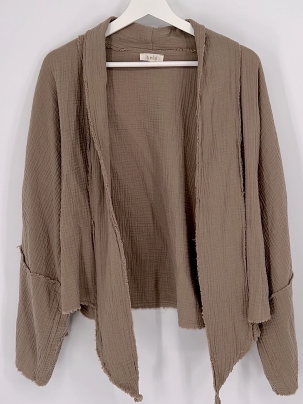 La Miel tan taupe textured open front raw hem cardigan lightweight sweater